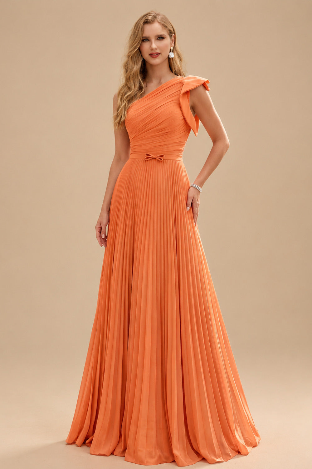Rutipo Orange Elegant Pleated One-Shoulder Sleeveless Floor-Length Mother Of The Bride Dresses With Pleated