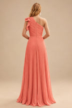 Rutipo Papaya Elegant Pleated One-Shoulder Sleeveless Floor-Length Mother Of The Bride Dresses With Pleated