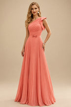 Rutipo Papaya Elegant Pleated One-Shoulder Sleeveless Floor-Length Mother Of The Bride Dresses With Pleated