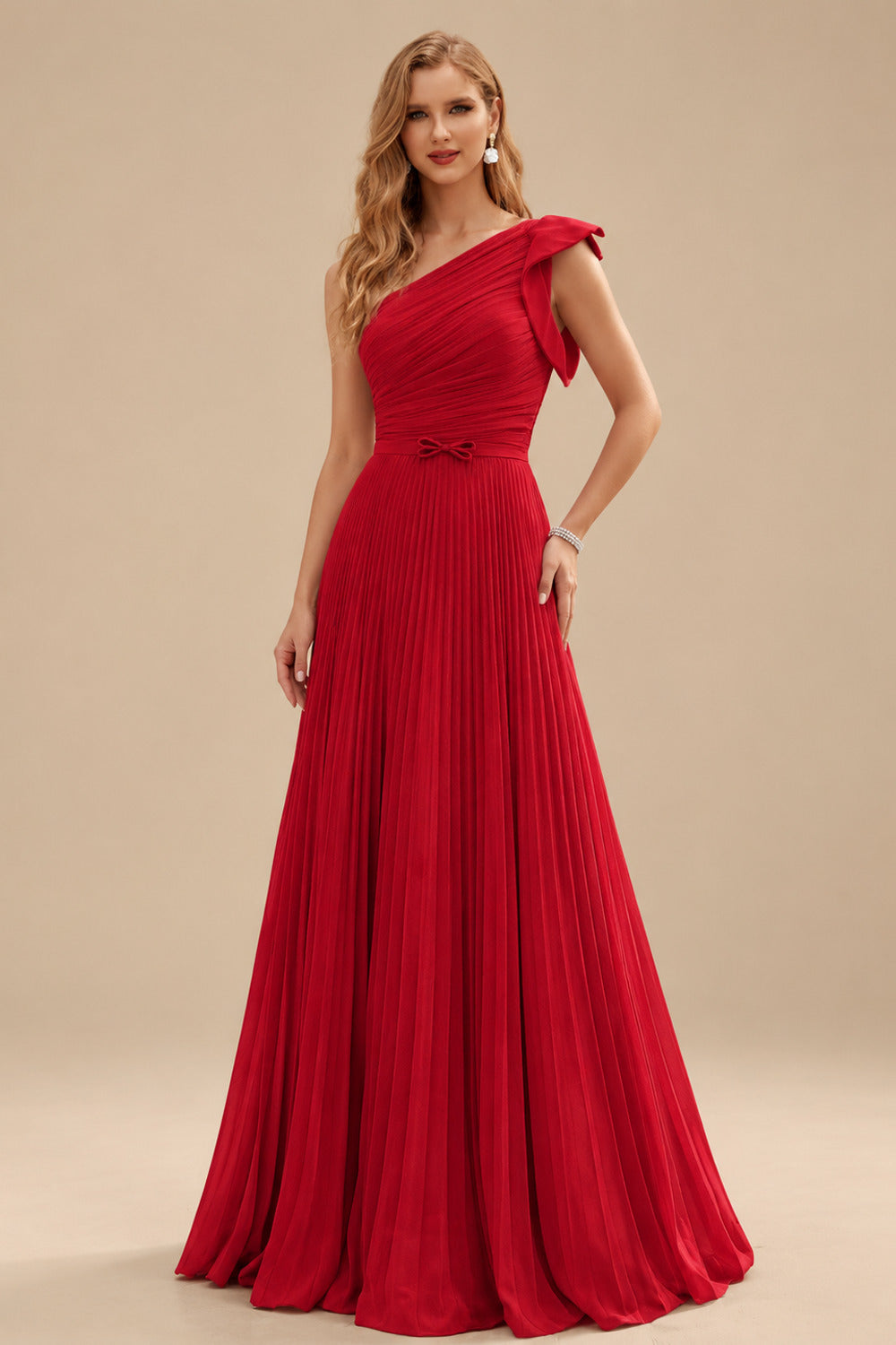 Rutipo Red Elegant Pleated One-Shoulder Sleeveless Floor-Length Mother Of The Bride Dresses With Pleated
