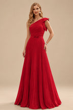 Rutipo Red Elegant Pleated One-Shoulder Sleeveless Floor-Length Mother Of The Bride Dresses With Pleated