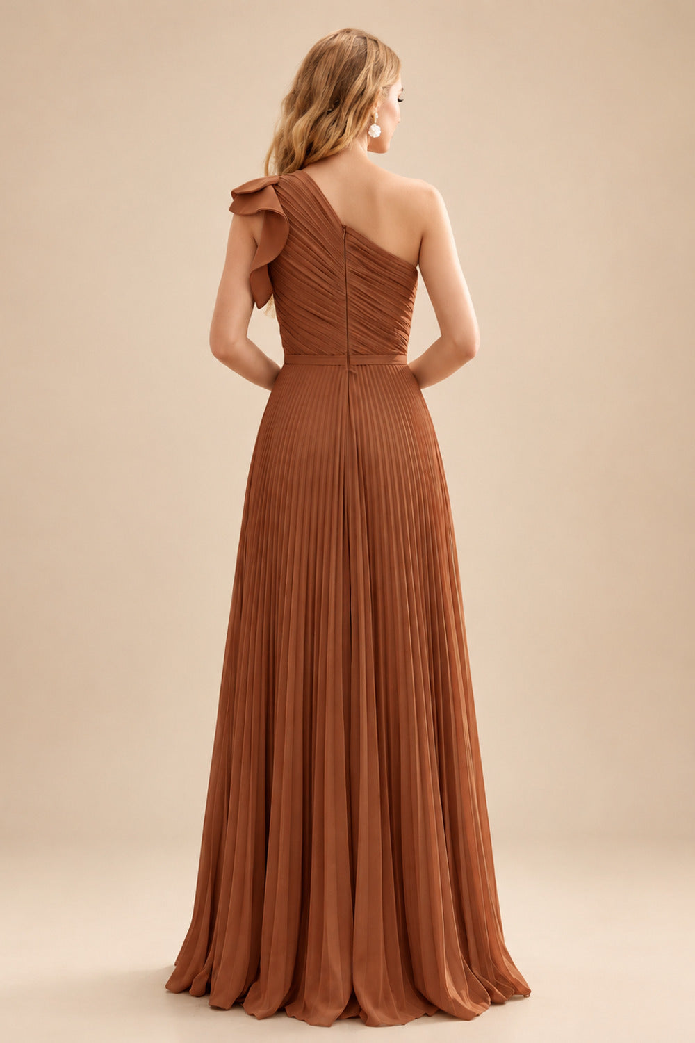 Rutipo Terracotta Elegant Pleated One-Shoulder Sleeveless Floor-Length Mother Of The Bride Dresses With Pleated