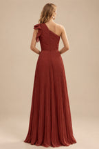 Rutipo Vermilion Elegant Pleated One-Shoulder Sleeveless Floor-Length Mother Of The Bride Dresses With Pleated