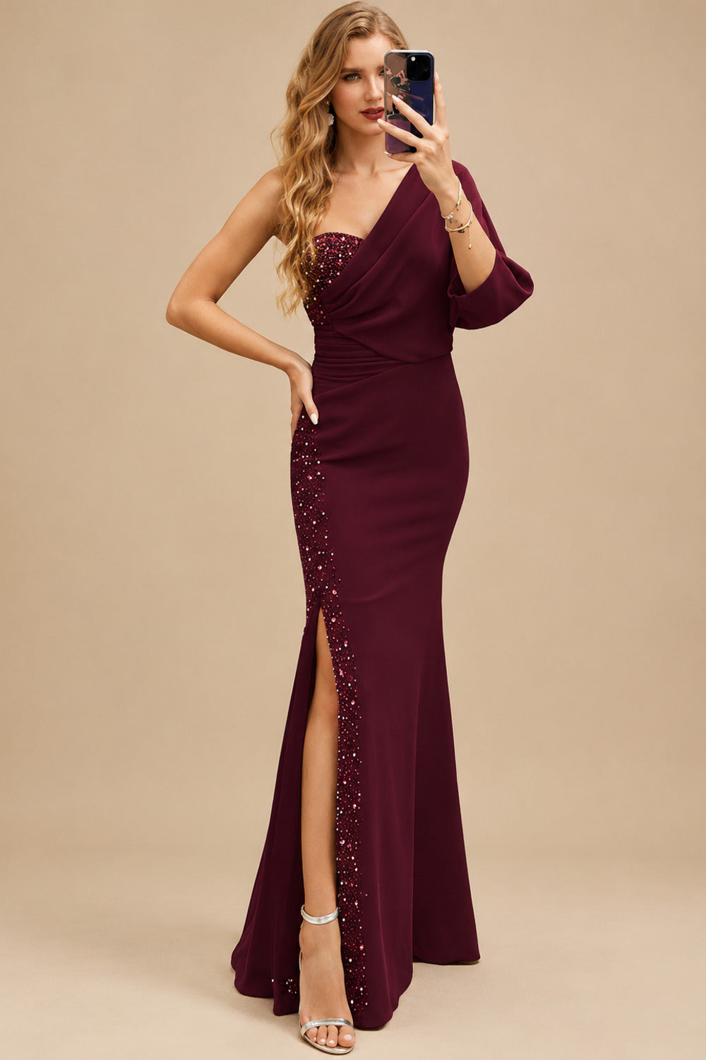 Rutipo Burgundy One-Shoulder Luxury Beading Trumpet/Mermaid Mother Of The Bride Dresses