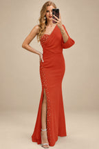 Rutipo Burnt Orange One-Shoulder Luxury Beading Trumpet/Mermaid Mother Of The Bride Dresses