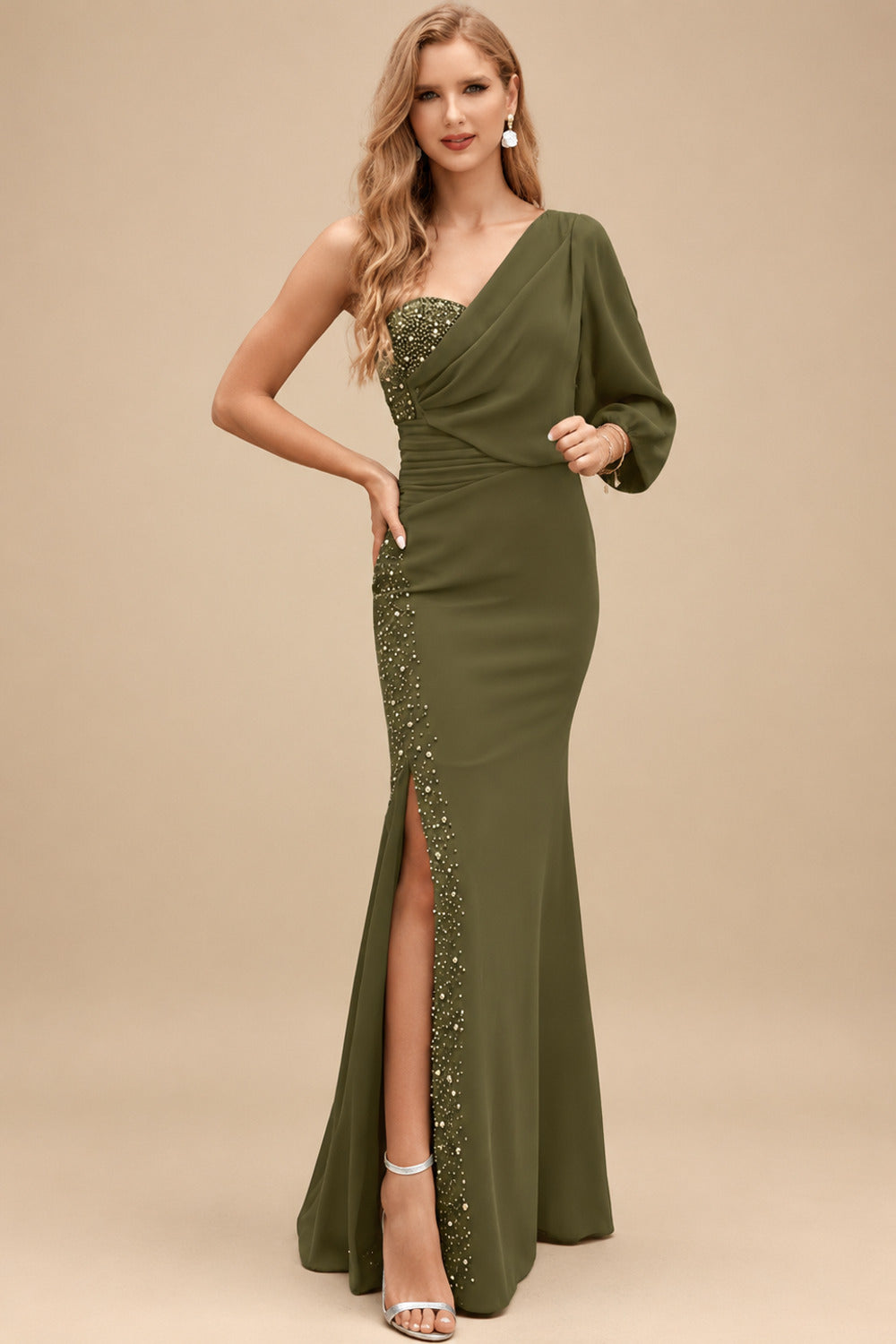 Rutipo Olive Green One-Shoulder Luxury Beading Trumpet/Mermaid Mother Of The Bride Dresses