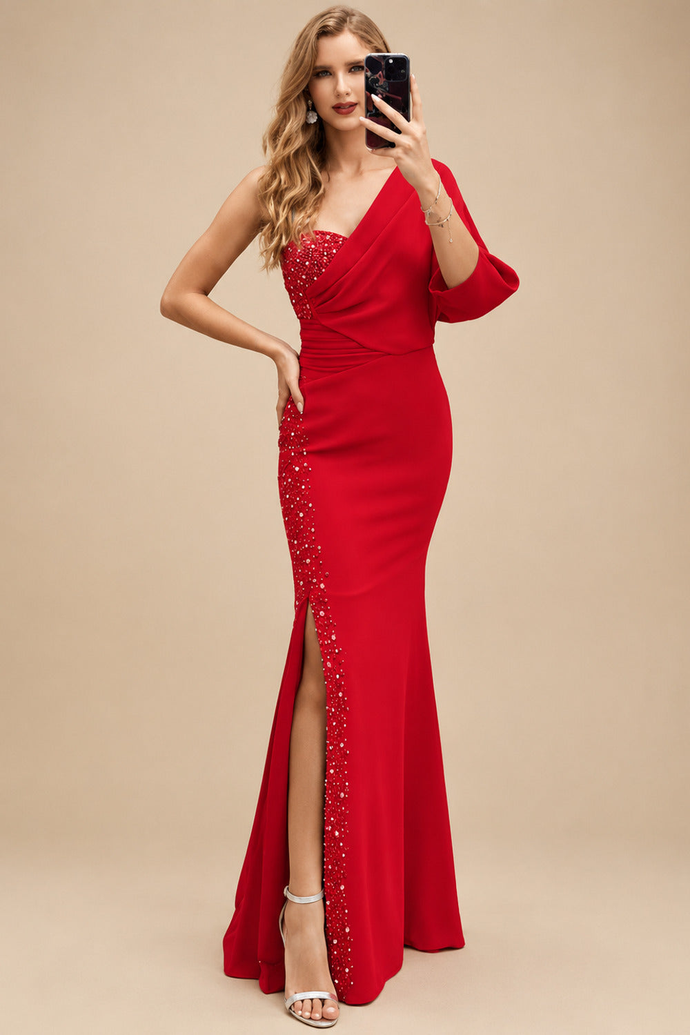 Rutipo Red One-Shoulder Luxury Beading Trumpet/Mermaid Mother Of The Bride Dresses