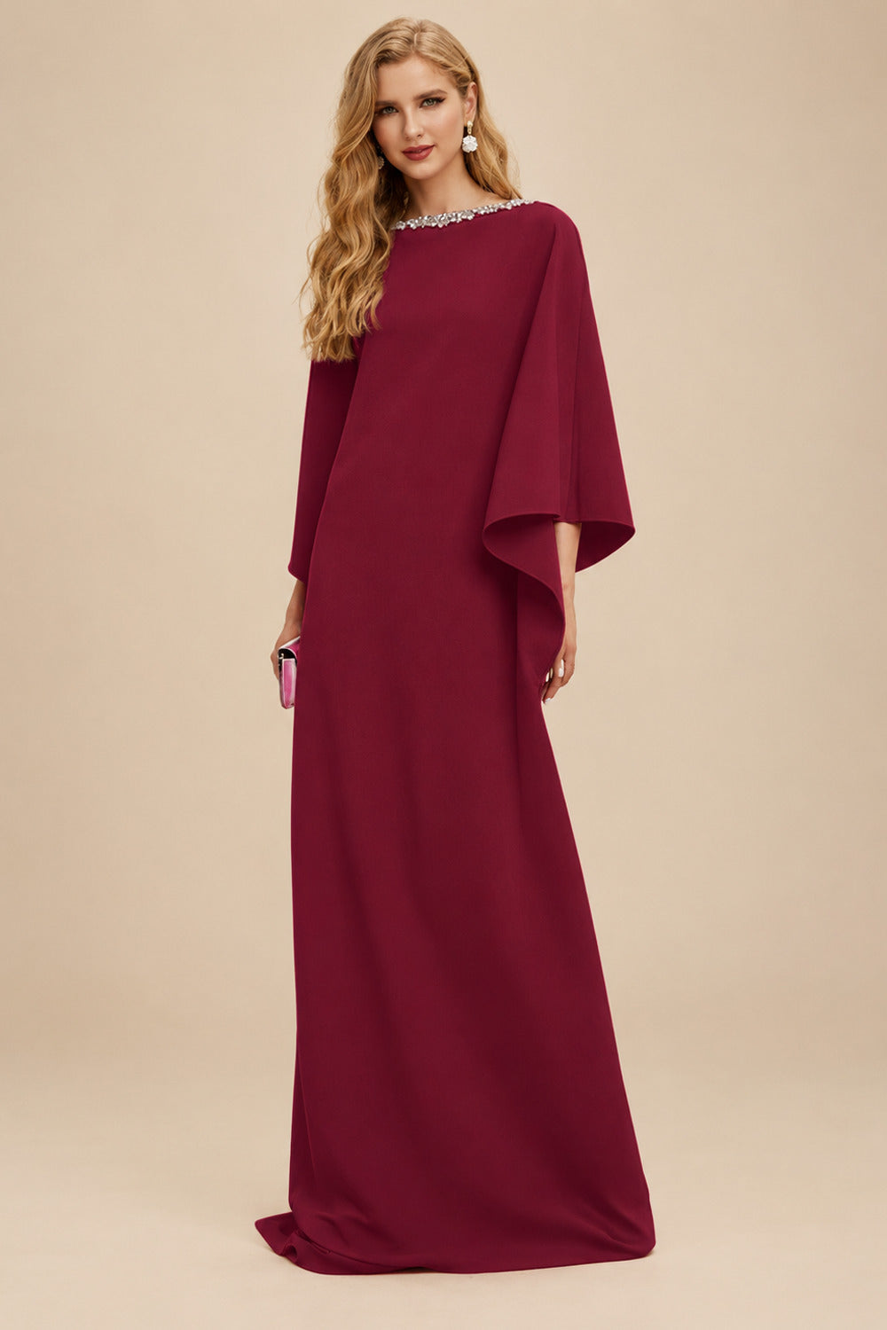 Rutipo Burgundy Modest Sparkle Scoop Neck Bell Sleeves Stretch Chiffon Mother Of The Bride Dresses