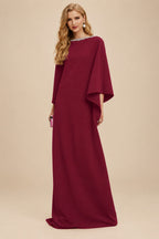 Rutipo Burgundy Modest Sparkle Scoop Neck Bell Sleeves Stretch Chiffon Mother Of The Bride Dresses