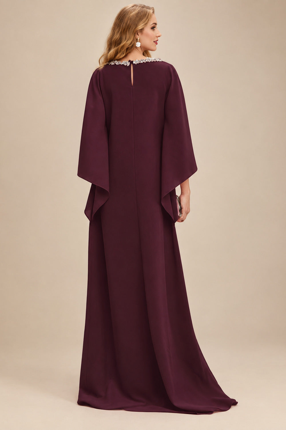 Rutipo Cabernet Modest Sparkle Scoop Neck Bell Sleeves Stretch Chiffon Mother Of The Bride Dresses