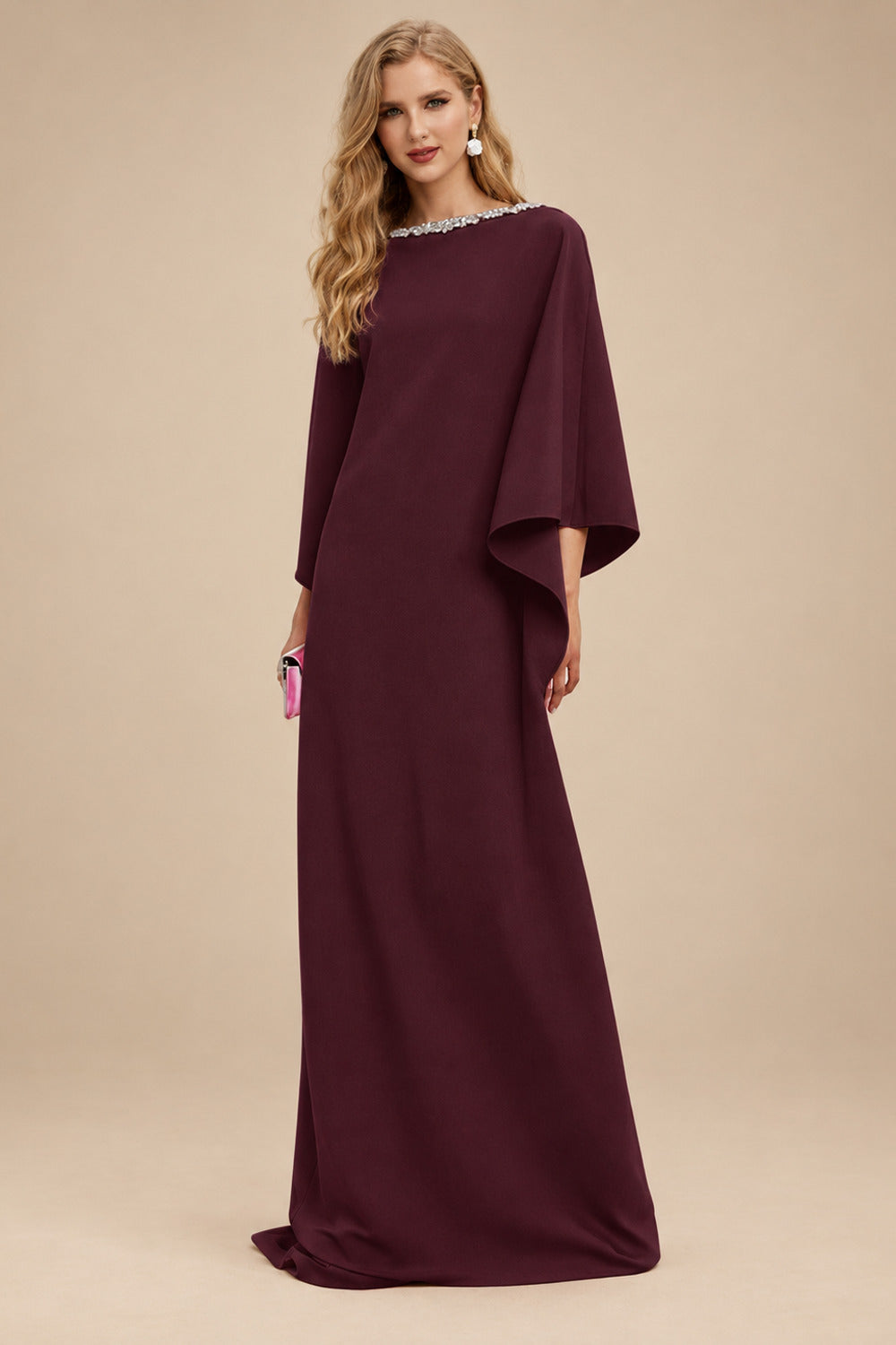 Rutipo Cabernet Modest Sparkle Scoop Neck Bell Sleeves Stretch Chiffon Mother Of The Bride Dresses
