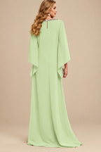 Rutipo Celadon Modest Sparkle Scoop Neck Bell Sleeves Stretch Chiffon Mother Of The Bride Dresses