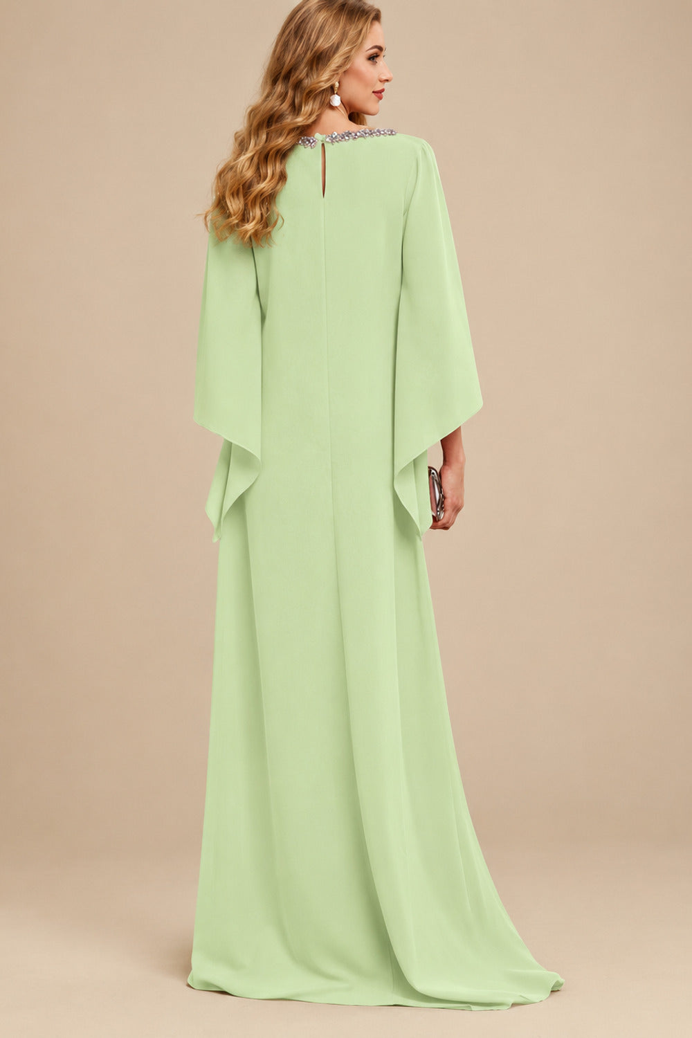 Rutipo Celadon Modest Sparkle Scoop Neck Bell Sleeves Stretch Chiffon Mother Of The Bride Dresses