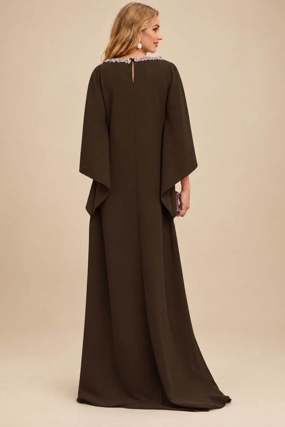 Rutipo Chocolate Modest Sparkle Scoop Neck Bell Sleeves Stretch Chiffon Mother Of The Bride Dresses