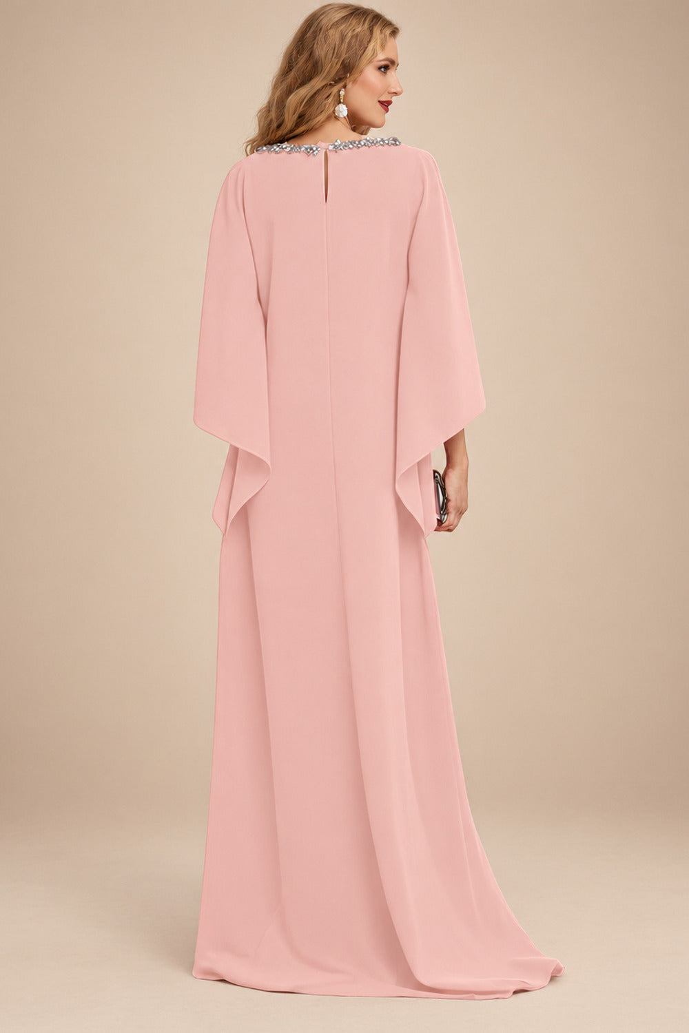 Rutipo Dusty Rose Modest Sparkle Scoop Neck Bell Sleeves Stretch Chiffon Mother Of The Bride Dresses