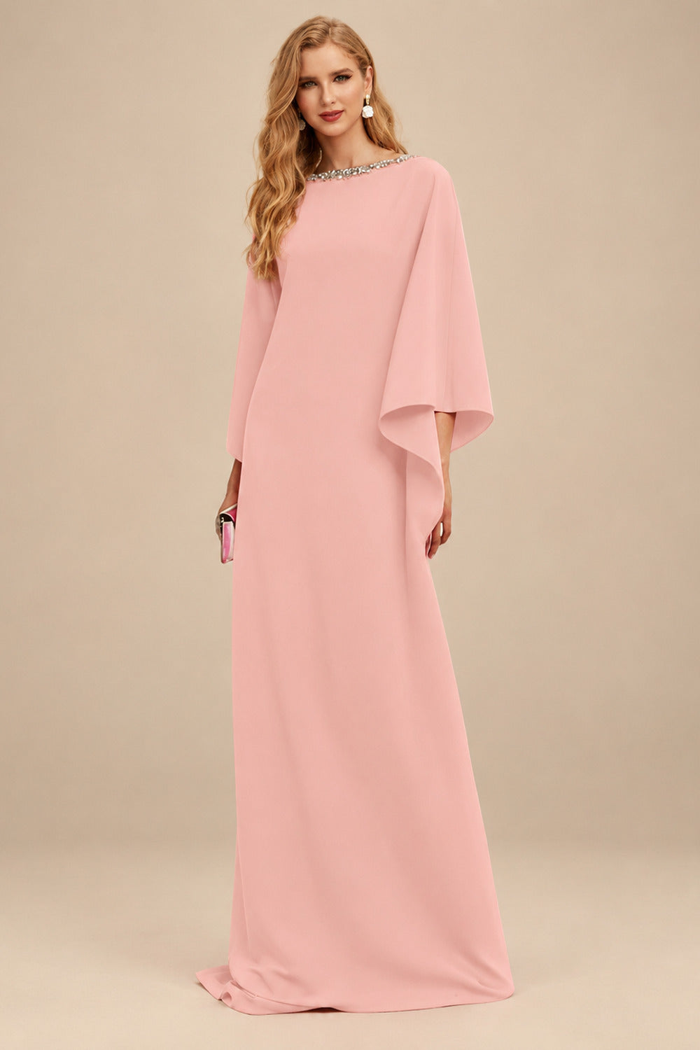 Rutipo Dusty Rose Modest Sparkle Scoop Neck Bell Sleeves Stretch Chiffon Mother Of The Bride Dresses