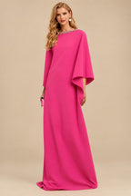Rutipo Hot Pink Modest Sparkle Scoop Neck Bell Sleeves Stretch Chiffon Mother Of The Bride Dresses