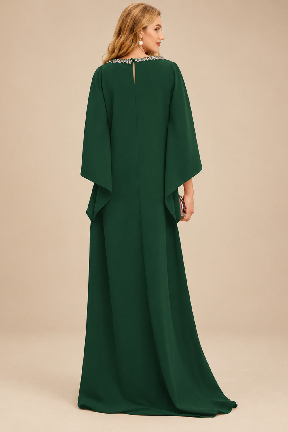 Rutipo Hunter Green Modest Sparkle Scoop Neck Bell Sleeves Stretch Chiffon Mother Of The Bride Dresses