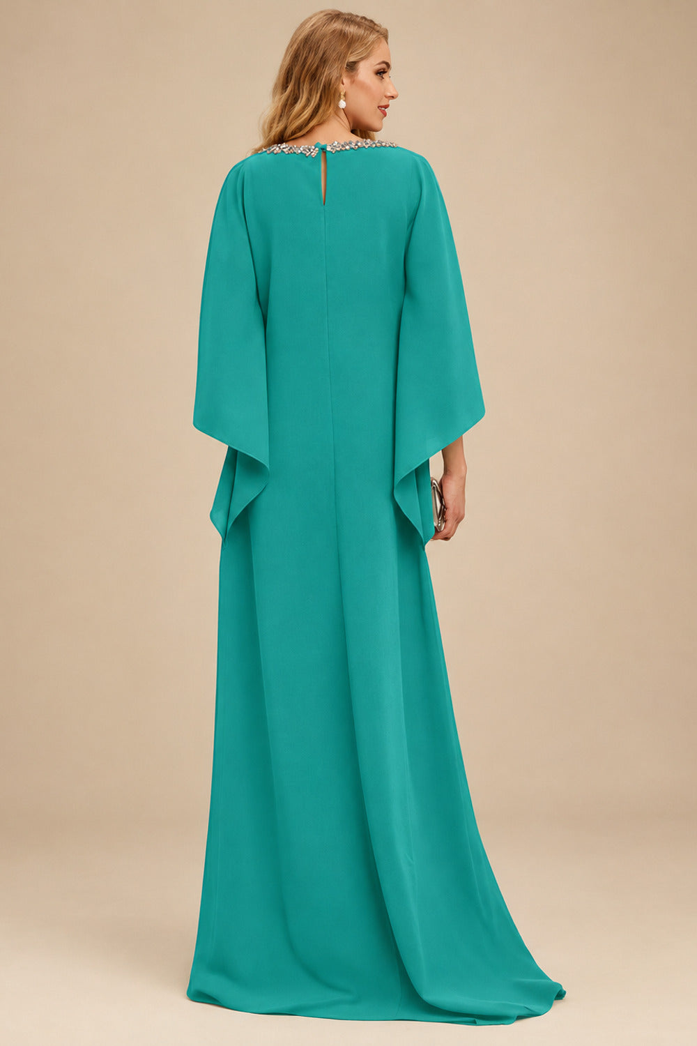 Rutipo Jade Modest Sparkle Scoop Neck Bell Sleeves Stretch Chiffon Mother Of The Bride Dresses