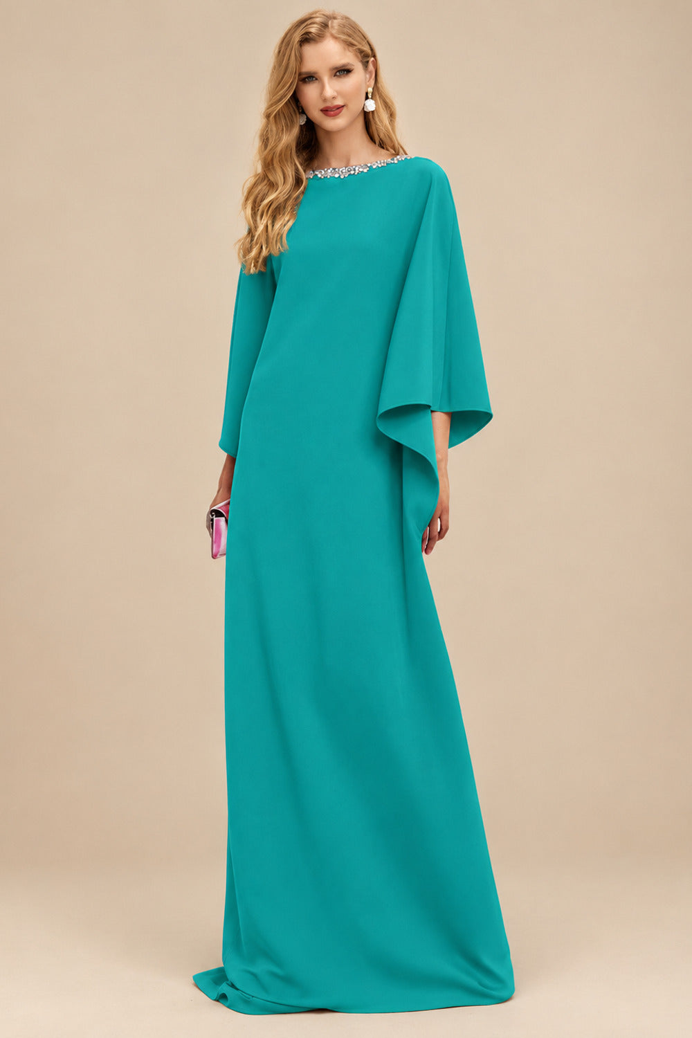 Rutipo Jade Modest Sparkle Scoop Neck Bell Sleeves Stretch Chiffon Mother Of The Bride Dresses