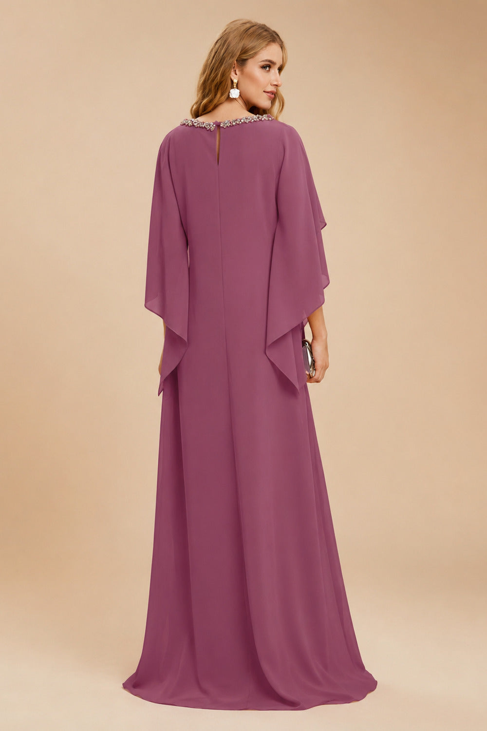 Rutipo Mulberry Modest Sparkle Scoop Neck Bell Sleeves Stretch Chiffon Mother Of The Bride Dresses