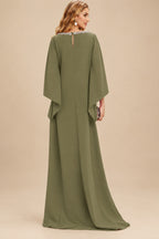 Rutipo Olive Green Modest Sparkle Scoop Neck Bell Sleeves Stretch Chiffon Mother Of The Bride Dresses