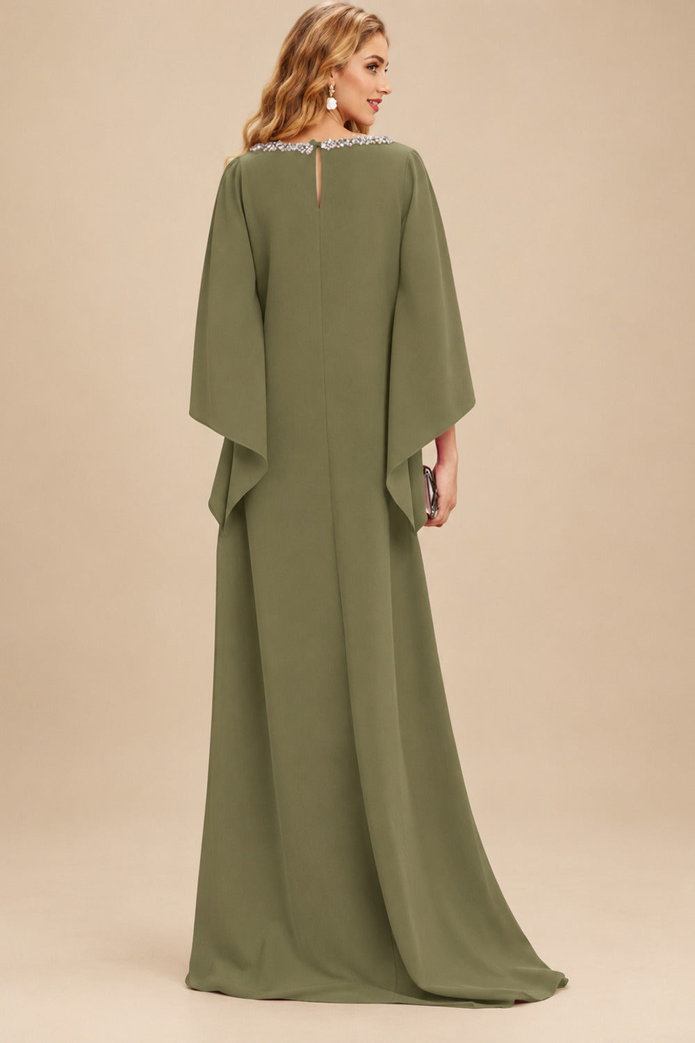 Rutipo Olive Green Modest Sparkle Scoop Neck Bell Sleeves Stretch Chiffon Mother Of The Bride Dresses