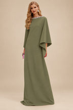 Rutipo Olive Green Modest Sparkle Scoop Neck Bell Sleeves Stretch Chiffon Mother Of The Bride Dresses