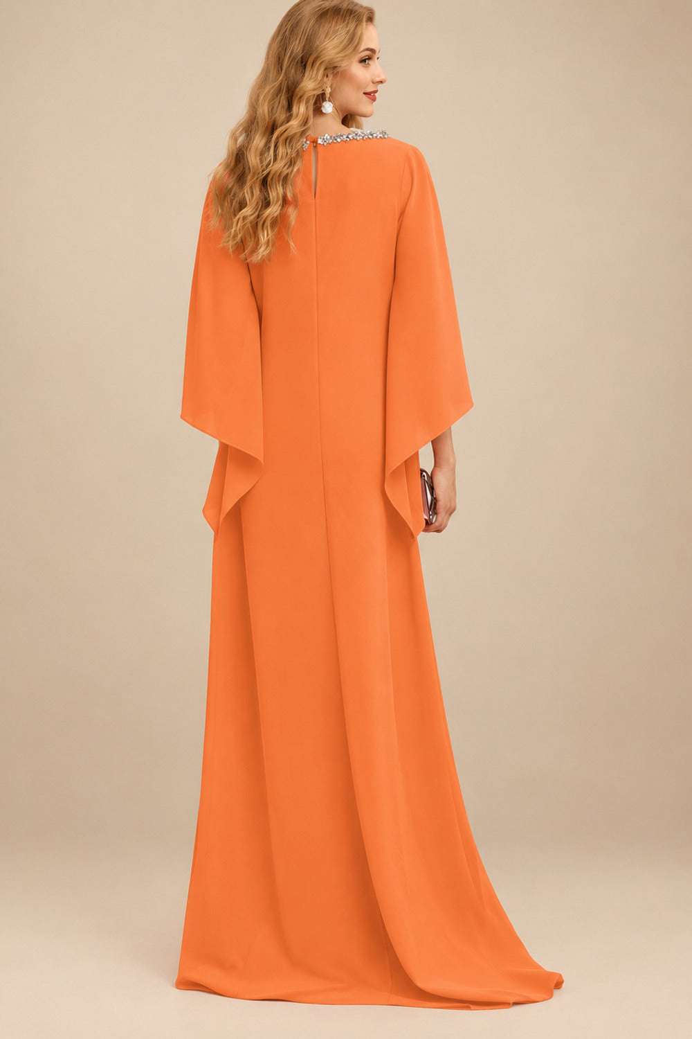 Rutipo Orange Modest Sparkle Scoop Neck Bell Sleeves Stretch Chiffon Mother Of The Bride Dresses