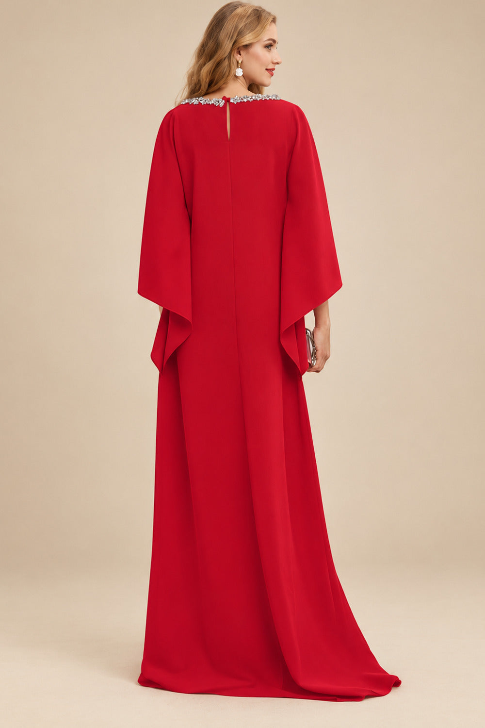Rutipo Red Modest Sparkle Scoop Neck Bell Sleeves Stretch Chiffon Mother Of The Bride Dresses