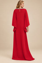 Rutipo Red Modest Sparkle Scoop Neck Bell Sleeves Stretch Chiffon Mother Of The Bride Dresses