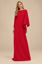 Rutipo Red Modest Sparkle Scoop Neck Bell Sleeves Stretch Chiffon Mother Of The Bride Dresses