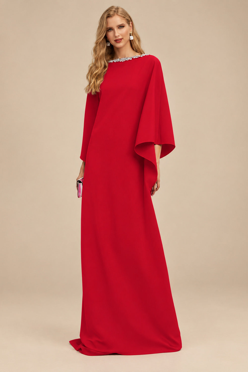 Rutipo Red Modest Sparkle Scoop Neck Bell Sleeves Stretch Chiffon Mother Of The Bride Dresses