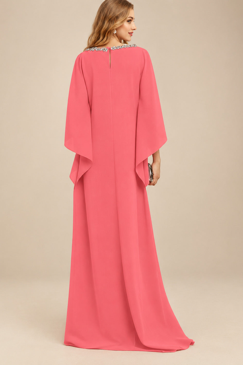 Rutipo Watermelon Modest Sparkle Scoop Neck Bell Sleeves Stretch Chiffon Mother Of The Bride Dresses
