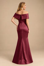 Rutipo Burgundy Sheath/Column Off-The-Shoulder Sleeveless Satin Mother Of The Bride Dresses