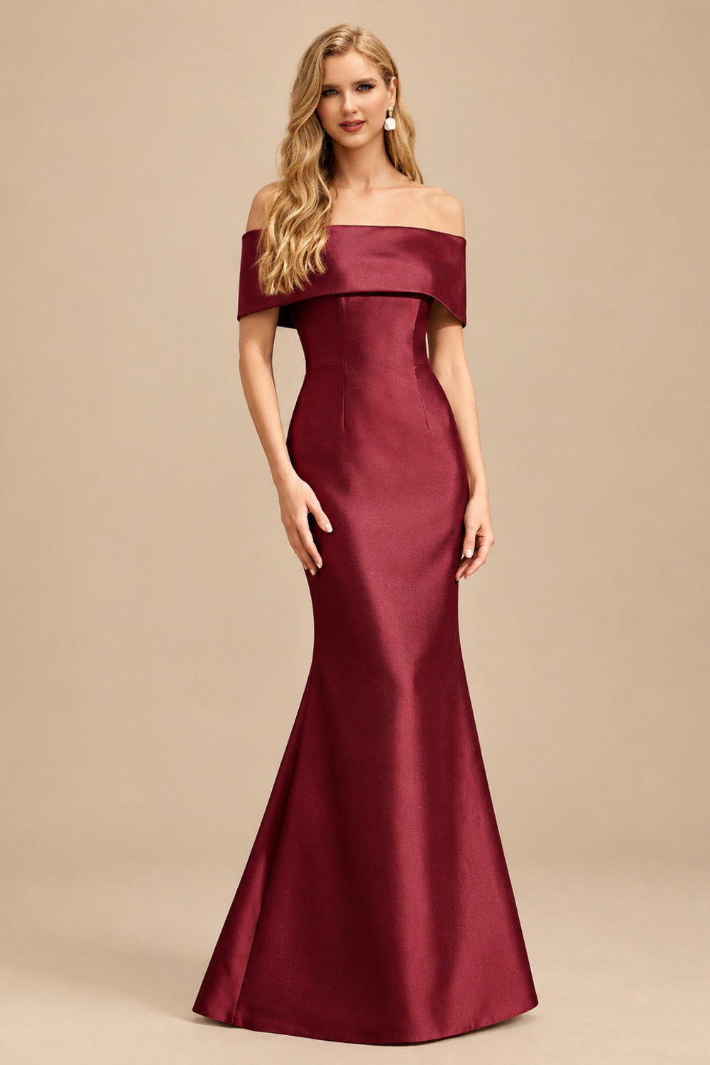 Rutipo Burgundy Sheath/Column Off-The-Shoulder Sleeveless Satin Mother Of The Bride Dresses
