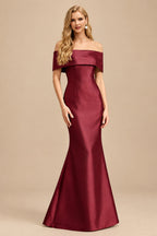 Rutipo Burgundy Sheath/Column Off-The-Shoulder Sleeveless Satin Mother Of The Bride Dresses