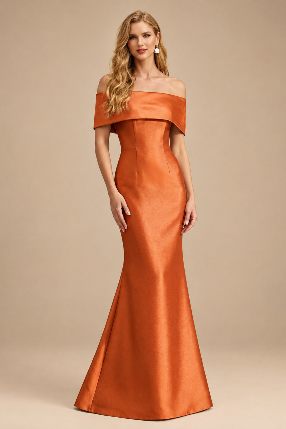 Rutipo Burnt Orange Sheath/Column Off-The-Shoulder Sleeveless Satin Mother Of The Bride Dresses