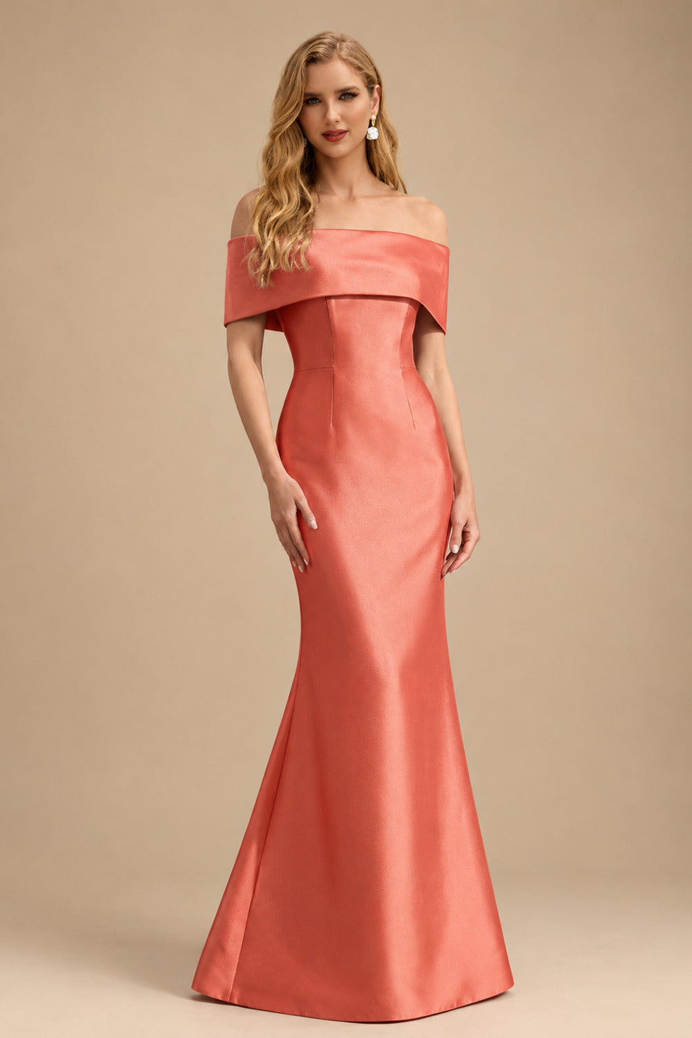 Rutipo Papaya Sheath/Column Off-The-Shoulder Sleeveless Satin Mother Of The Bride Dresses