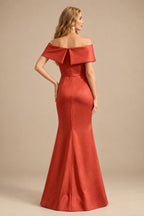 Rutipo Vermilion Sheath/Column Off-The-Shoulder Sleeveless Satin Mother Of The Bride Dresses