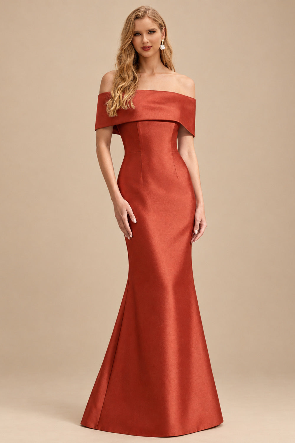 Rutipo Vermilion Sheath/Column Off-The-Shoulder Sleeveless Satin Mother Of The Bride Dresses