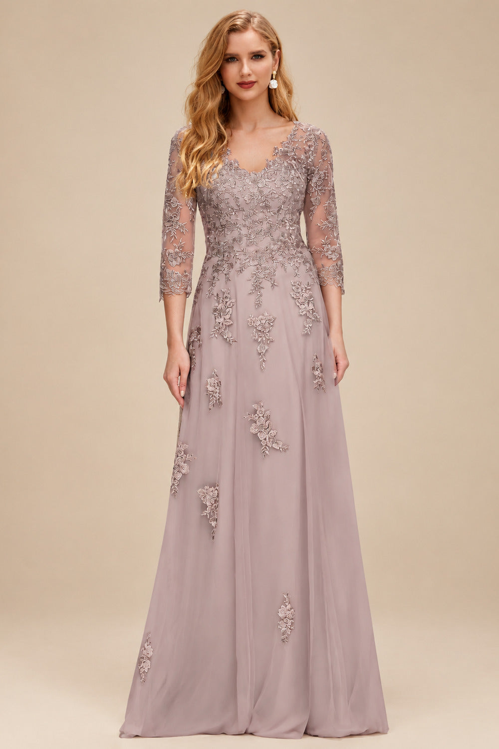 Rutipo As Picture A-Line V-Neck 3/4 Sleeves Tulle Mother Of The Bride Dresses With Appliques Lace