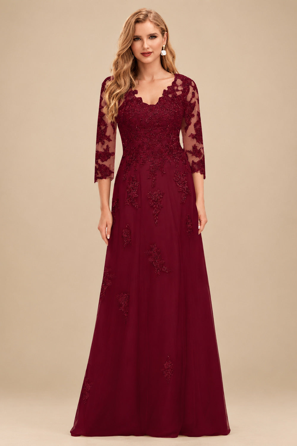 Rutipo Burgundy A-Line V-Neck 3/4 Sleeves Tulle Mother Of The Bride Dresses With Appliques Lace