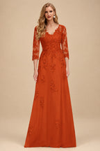 Rutipo Burnt Orange A-Line V-Neck 3/4 Sleeves Tulle Mother Of The Bride Dresses With Appliques Lace