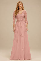 Rutipo Dusty Rose A-Line V-Neck 3/4 Sleeves Tulle Mother Of The Bride Dresses With Appliques Lace