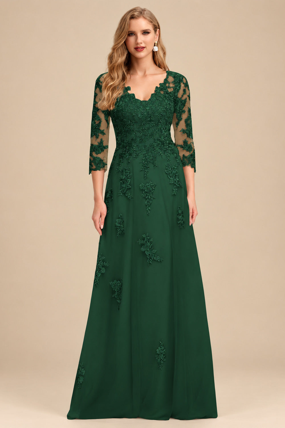 Rutipo Hunter Green A-Line V-Neck 3/4 Sleeves Tulle Mother Of The Bride Dresses With Appliques Lace