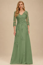 Rutipo Moss Green A-Line V-Neck 3/4 Sleeves Tulle Mother Of The Bride Dresses With Appliques Lace