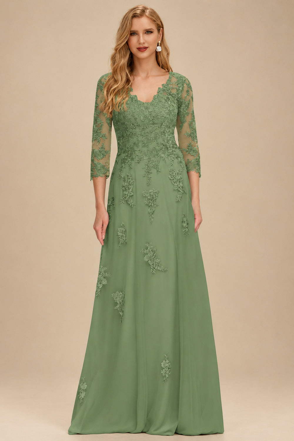 Rutipo Moss Green A-Line V-Neck 3/4 Sleeves Tulle Mother Of The Bride Dresses With Appliques Lace