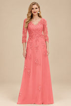 Rutipo Watermelon A-Line V-Neck 3/4 Sleeves Tulle Mother Of The Bride Dresses With Appliques Lace