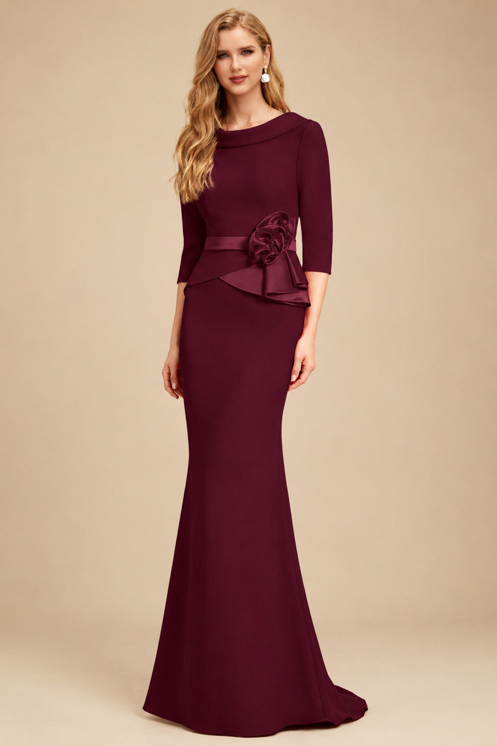 Rutipo Burgundy Sheath/Column Elastic Satin Mother Of The Bride Dresses With Flower(s)